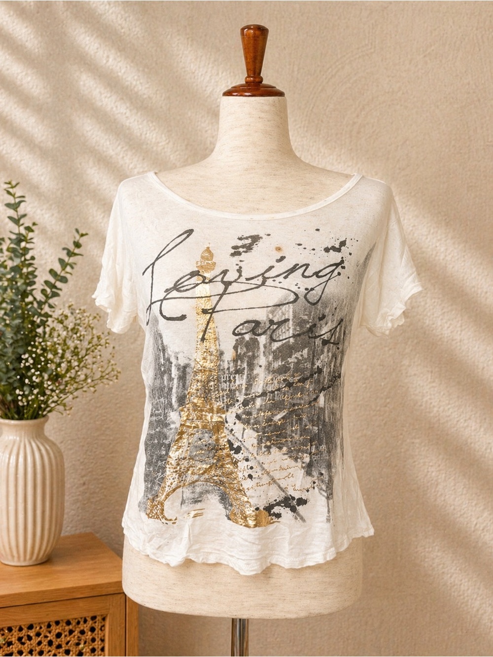 Graphic Eiffel Print Short Sleeve Tee - White & Gold